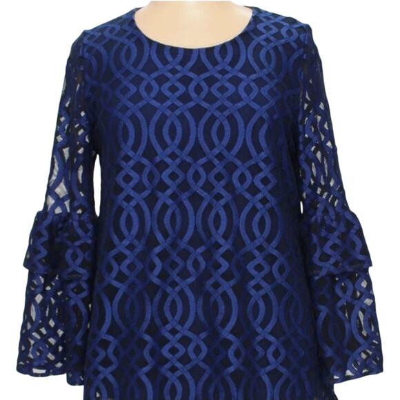 Alfani Pullover Round Neck Blouse Tiered Bell Sleeves Top Navy Blue Size Large - Picture 1 of 11